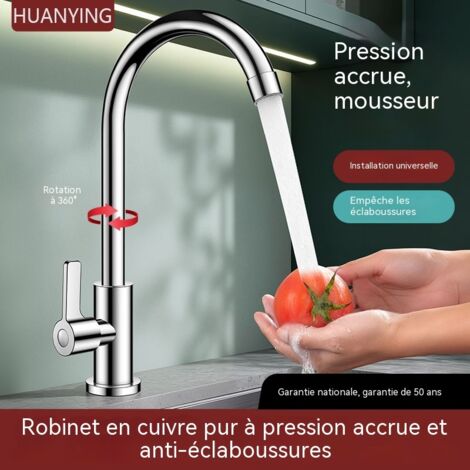 Robinet de Cuisine en Laiton Massif, Mitigeur Eau Froide/Chaude Rotatif à 360°, Robinet Anti-Éclaboussures pour Évier, Robinet de Cuisine Universel