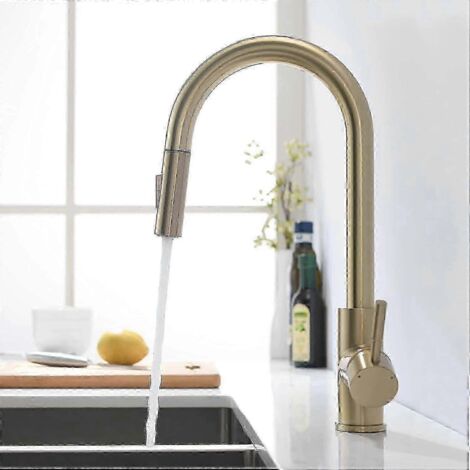Robinet de cuisine en or brossé avec douchette extensible et bec pivotant à 360 degrés pour une utilisation dans les salles de bains et les cuisines