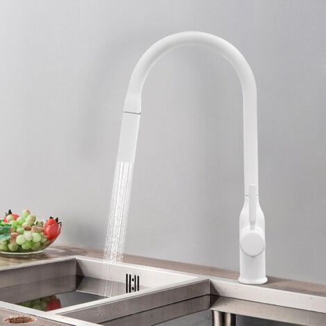 Robinet de cuisine et de salle de bain, deux jets, pivotant à 360°, douchette extractible, blanc.