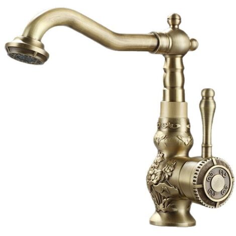Robinet de Cuisine et Lavabo en Laiton Antique - Robinet Mélangeur Eau Chaude/Froide à Haute Incurvation avec Bec Orientable et Anti-éclaboussures - Design Rétro Vintage pour Évier de Cuisine et Vasqu