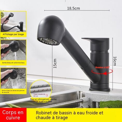 Robinet de Cuisine et Lavabo Tirable en Cuivre Massif Noir, Mitigeur Eau Froide et Chaude, Rotatif