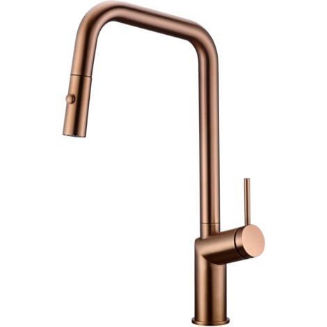 Robinet de cuisine – Évier extractible à une poignée avec douche 2 modes de pulvérisation, robinet de cuisine bec haut pivotant à 360°, or rose brossé