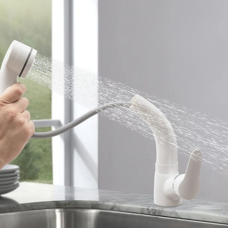 Gojoy - Robinet de cuisine extensible avec douchette - Robinet d'évier de cuisine pivotant à 360° - Robinet de cuisine - Mitigeur à arc haut - Deux