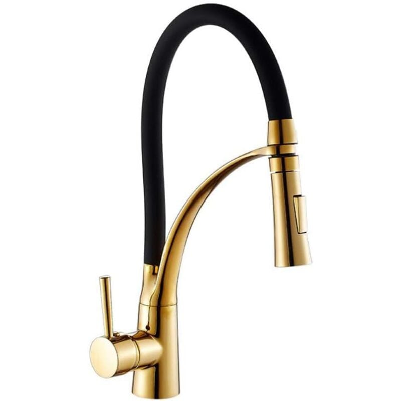 Robinet de cuisine extensible doré et noir avec douchette extractible - Mitigeur monocommande pivotant à 360° en laiton-
