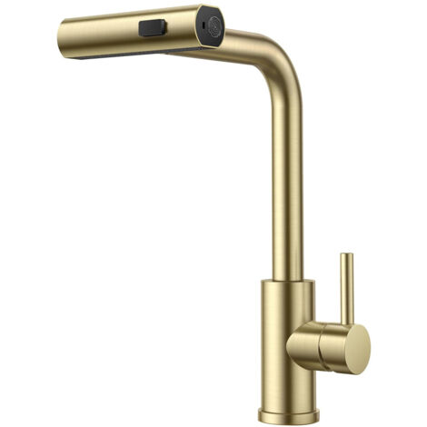 Robinet de cuisine extensible pivotant à 360° - Mitigeur monocommande pour évier de cuisine - Or brossé