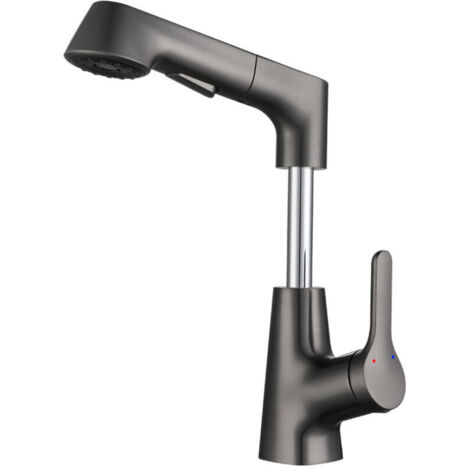 Robinet de cuisine extensible, robinet d'évier avec douchette deux types de jets d'eau, robinet de cuisine pivotant à 360°, mitigeur de cuisine en acier inoxydable-gris