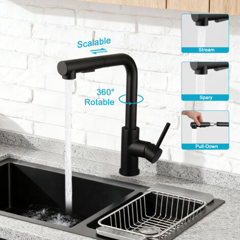 Robinet de cuisine extractible avec douchette – 2 types de jets, pivotant à 360°, haute pression, en acier inoxydable noir