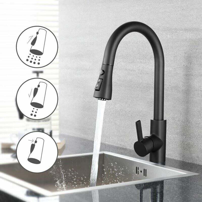 Robinet de Cuisine Extractible en Acier Inoxydable, 3 Modes de Jet, Robinet Mitigeur 360 ° Rotatif pour Cuisine ou Salle de Bain, Noir – DAKF8F