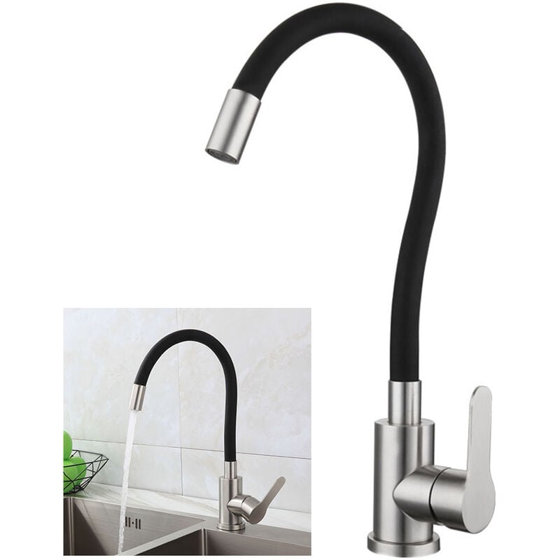 Memkey - Robinet de Cuisine Flexible Bec Haut Orientable Librement Mitigeur Évier Flexible Acier inoxydable brossé et Noir Robinet Evier Monotrou à