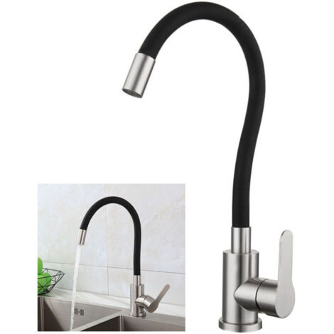 Robinet de Cuisine Flexible Bec Haut Orientable Librement Mitigeur Évier Flexible Acier inoxydable brossé et Noir Robinet Evier Monotrou à Eau Chaude et Froide