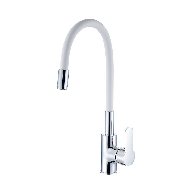 Robinet de Cuisine Flexible Bec Haut Orientable Librement Mitigeur Évier Flexible Laiton Chromé et Blanc Robinet Evier Monotrou à Eau Chaude et