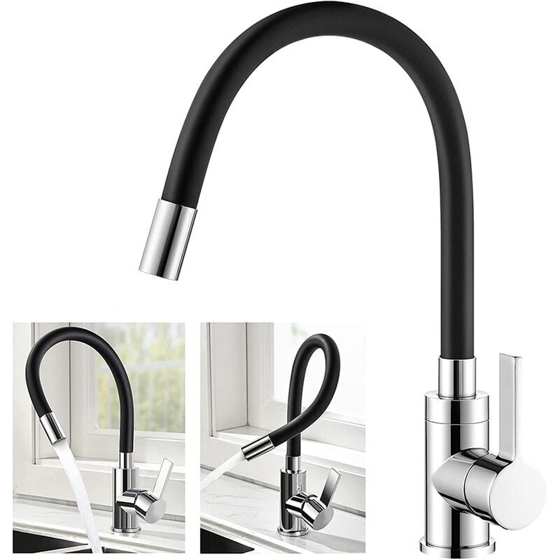 Coocheer - Robinet de Cuisine Flexible Bec Haut Orientable Librement Mitigeur Évier Flexible Laiton Chromé et Noir Robinet Evier Monotrou à Eau