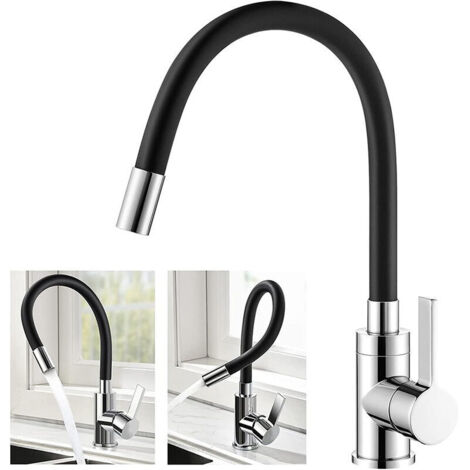 Robinet de Cuisine Flexible Bec Haut Orientable Librement Mitigeur Évier Flexible Laiton Chromé et Noir Robinet Evier Monotrou à Eau Chaude et Froide