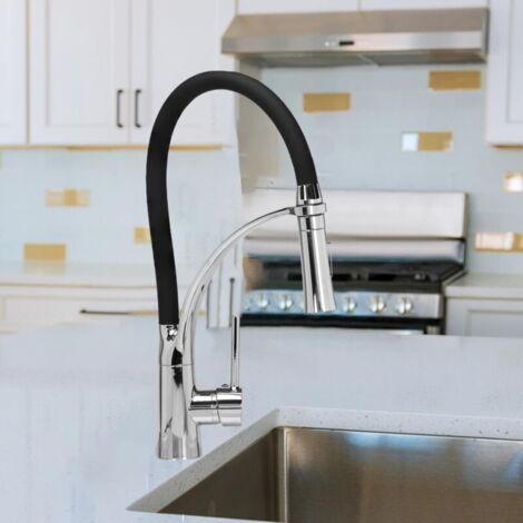 Robinet de Cuisine, Flexible Bec Pivotant à 360° et Tuyau en Silicone Noir Mitigeur Cuisine, avec Douchette Extractible et Pulvérisateur Double Fonction, Froid & Chaud Disponible