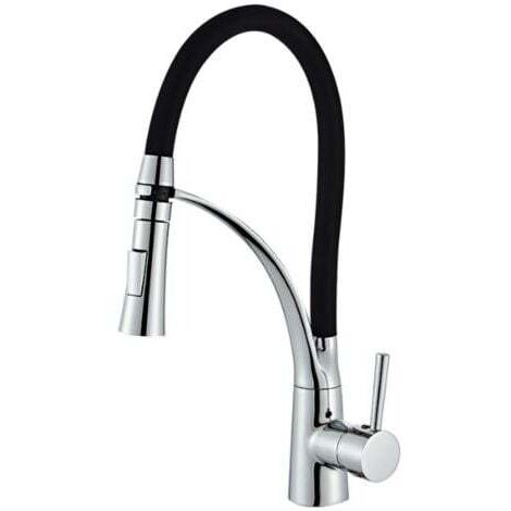 Robinet de Cuisine, Flexible Bec Pivotant à 360° et Tuyau en Silicone Noir Mitigeur Cuisine, avec Douchette Extractible et Pulvérisateur Double Fonction, Froid & Chaud Disponible, Laiton Chro