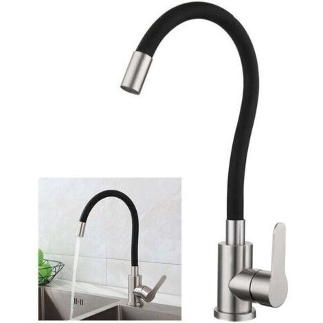 Robinet de cuisine flexible Green Living, bec pivotant en position haute, robinet monotrou pour eau chaude et froide, en acier inoxydable noir brossé