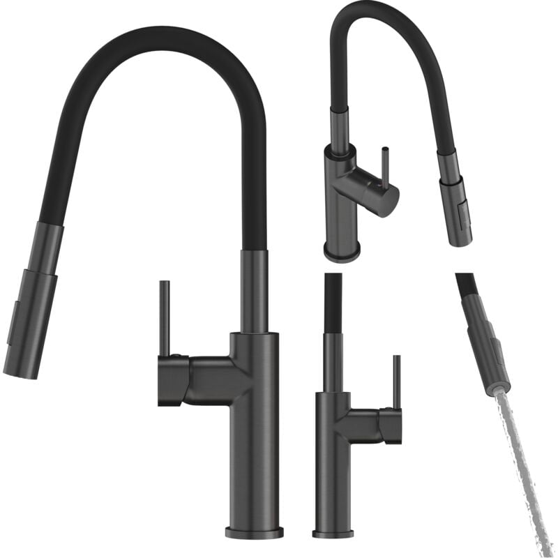 Granitan - robinet de cuisine gris gun metallic high faucet flexible sink lonar