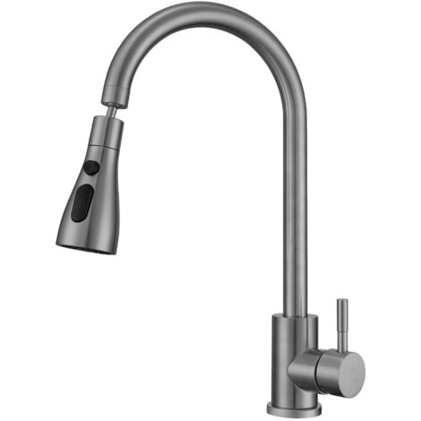 Robinet de cuisine incurvé anti-éclaboussures, rallonge à roulement à billes en acier inoxydable 304, pommeau de douche extractible, Gris