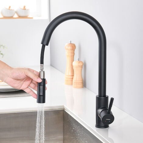 Robinet de Cuisine LONHEO - Noir mat - Douchette Extractible - Rotatif à 360 ° - Acier Inoxydable - Mitigeur d'Évier - 2 Fonctions Mélangeur