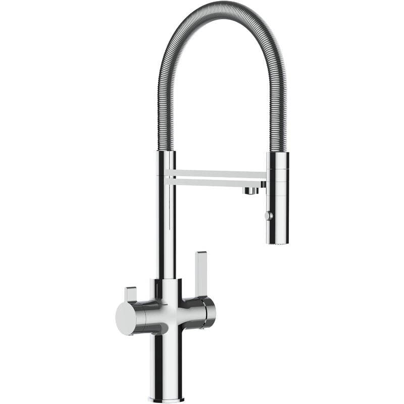 Vizio - Robinet de Cuisine Mitigeur 3 voies chromé bec chromé orientable et douchette 2 jets détachable fc