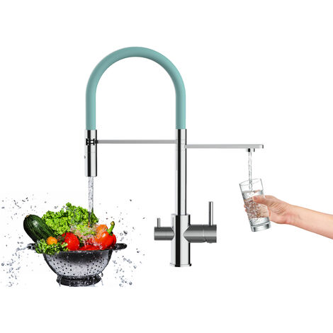 Robinet de Cuisine Mitigeur 3 voies chrome robinet bec turquoise orientable et douchette 2 jets detachable VIZIO
