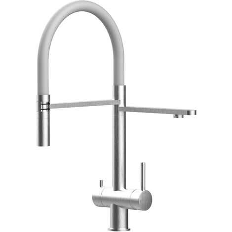 Robinet de Cuisine Mitigeur 3 voies  en ACIER INOXYDABLE CHIRURGICAL 316 brosse mat bec gris orientable et douchette 2 jets detachable VIZIO