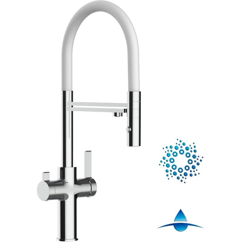 Vizio - Robinet de Cuisine Mitigeur 4 Voies chromé pour système de carbonatation et filtration/purification d'eau bec blanc orientable et douchette 2