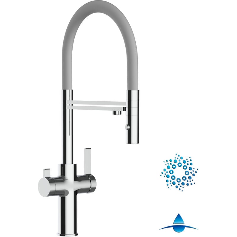 Vizio - Robinet de Cuisine Mitigeur 4 Voies chromé pour système de carbonatation et filtration/purification d'eau bec gris orientable et douchette 2