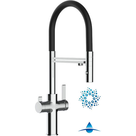 Robinet de Cuisine Mitigeur 4 Voies chromé pour système de carbonatation et filtration/purification d'eau bec noir orientable et douchette 2 jets détachable FC VIZIO