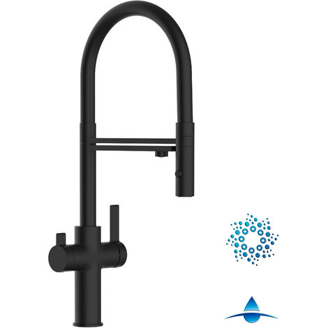 Robinet de Cuisine Mitigeur 4 Voies  noir mat pour système de carbonatation et filtration/purification d'eau bec noir orientable et douchette 2 jets détachable FC VIZIO