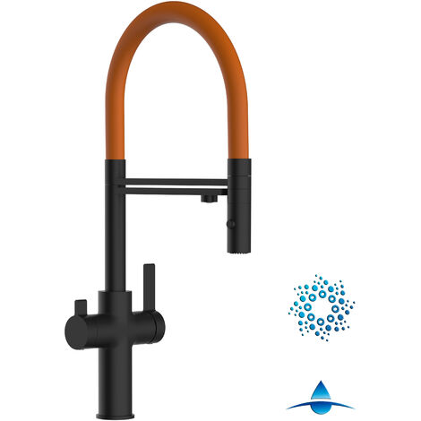 Robinet de Cuisine Mitigeur 4 Voies  noir mat pour système de carbonatation et filtration/purification d'eau bec orange  orientable et douchette 2 jets détachable FC VIZIO