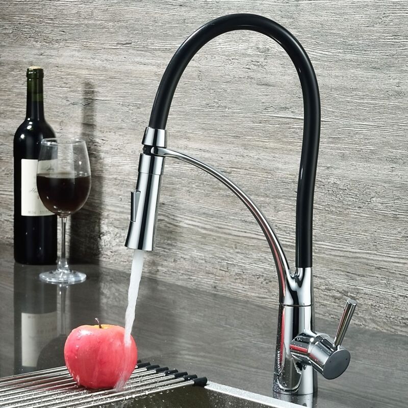 Robinet de cuisine mitigeur à bec rétractable et tuyau flexible en noir et chromé