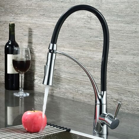 Robinet de cuisine mitigeur à bec rétractable et tuyau flexible en noir et chromé