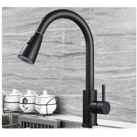 Robinet de Cuisine, Mitigeur Cuisine Rotatif à 360° avec Douchette Extractible, 3 Modes de Pulvérisation Mitigeur d'évier, Acier Inoxydable, Noir