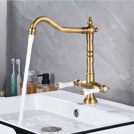 Robinet de Cuisine Mitigeur d'évier à Deux Poignées Laiton Pivotant à 360° Robinetterie de Lavabo dans Salle de Bain