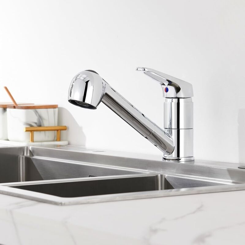 Robinet de Cuisine Mitigeur de Lavabo avec Douchette Extractible à 360° Monotrou eau Froide et Chaude - Argent
