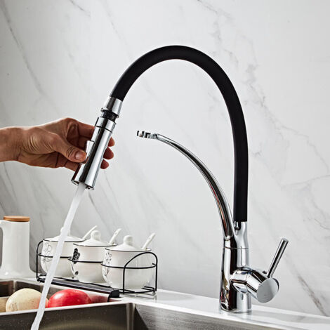 Robinet de cuisine, mitigeur flexible avec bec pivotant à 360° et flexible en silicone noir, avec douchette extractible et douchette double fonction, disponible chaud et froid, noir argenté (avec flex