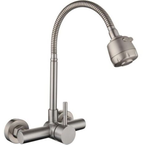 Robinet de cuisine mitigeur mural en acier inoxydable 304, robinet d'évier pivotant à 360 ° avec tuyau Flexible-brossé