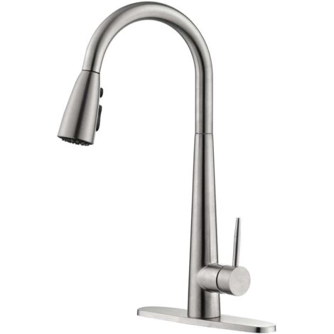 Robinet de cuisine monocommande à montage sur plage avec douchette extractible et poignée unique en nickel brossé (plaque de montage incluse)