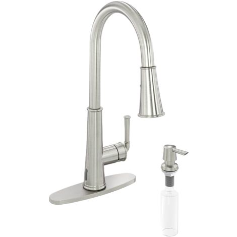 Robinet de cuisine monocommande à montage sur plage, sans contact, avec douchette extractible et poignée unique, finition nickel brossé (plaque de montage incluse) (distributeur de savon inclus)