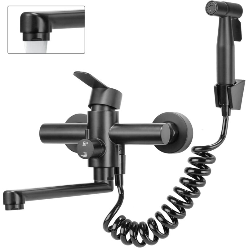 Robinet de cuisine, montage mural, avec pistolet pulvérisateur, rotatif à 360°, tube rotatif de 23 cm, chaud et froid, 4 modes de fonctionnement,