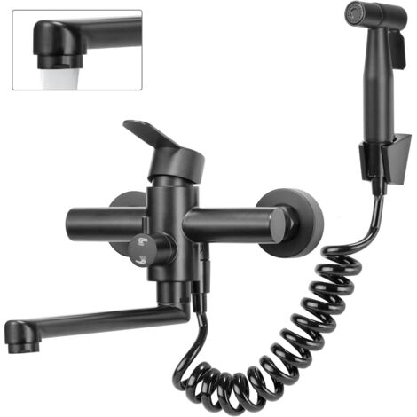 Robinet de cuisine, montage mural, avec pistolet pulvérisateur, rotatif à 360°, tube rotatif de 23 cm, chaud et froid, 4 modes de fonctionnement, acier inoxydable 304, Noir