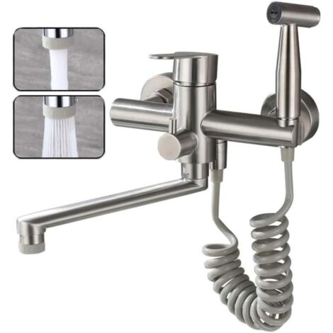 Robinet De Cuisine Montage Mural Tréfilage En Acier Inoxydable 304 De Qualité Alimentaire Avec Pistolet Et 2 Types De Jet D'eau évier Mitigeur Mural Pivotant à 360° Robinetterie (Nickel brossé)