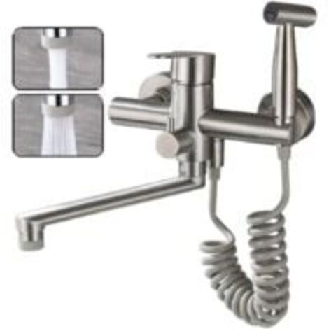 Robinet De Cuisine Montage Mural Tréfilage En Acier Inoxydable 304 De Qualité Alimentaire Avec Pistolet Et 2 Types De Jet D'eau évier Mitigeur Mural Pivotant à 360° Robinetterie (Nickel brossé)
