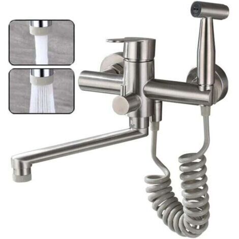Robinet De Cuisine Montage Mural Tréfilage En Acier Inoxydable 304 De Qualité Alimentaire Avec Pistolet Et 2 Types De Jet D'eau évier Mitigeur Mural Pivotant à 360° Robinetterie (Nickel brossé)