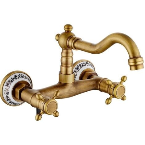 DIGITALAB Robinet de cuisine Mur Robinet lavabo vintage avec céramique en laiton avec eau froide et chaude (ancien)