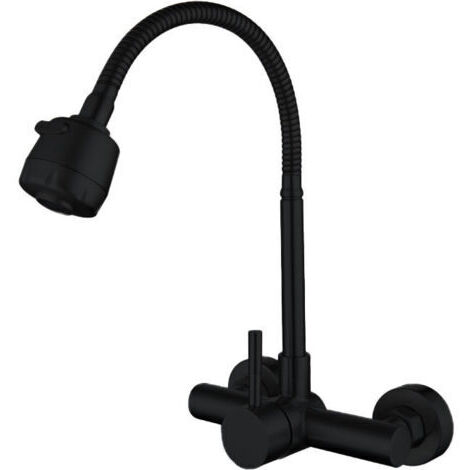 Robinet de cuisine mural, acier inoxydable, pommeau de douche pivotant multidirectionnel, double sortie, noir.