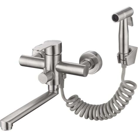 Robinet de cuisine mural en acier inoxydable 304 avec pistolet pulvérisateur et 2 types de jet d'eau pour évier de cuisine pi