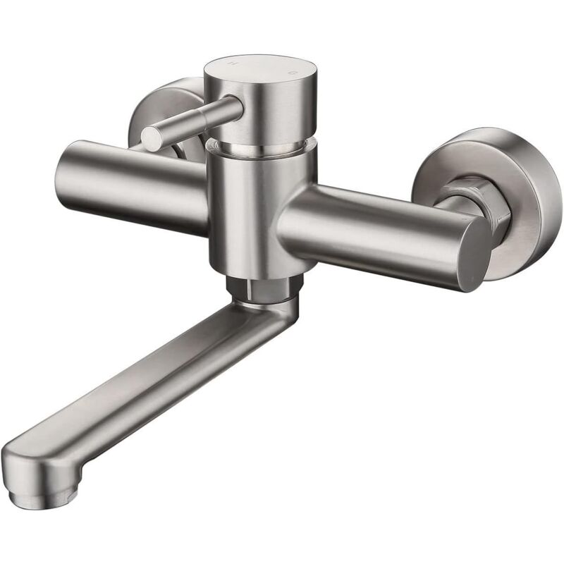 Langray - Robinet de cuisine mural en acier inoxydable 304 robinet d'évier montage mitigeur robinet pour cuisine avec bec orientable à 360 ° court