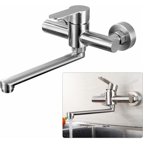 Robinet de cuisine mural en acier inoxydable 360° Robinet mitigeur mural Robinet de cuisine Mitigeur monocommande avec bec pivotant